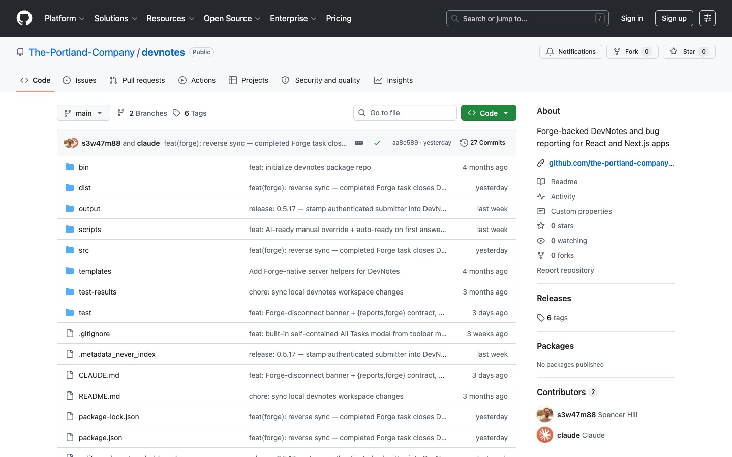 Screenshot of DevNotes